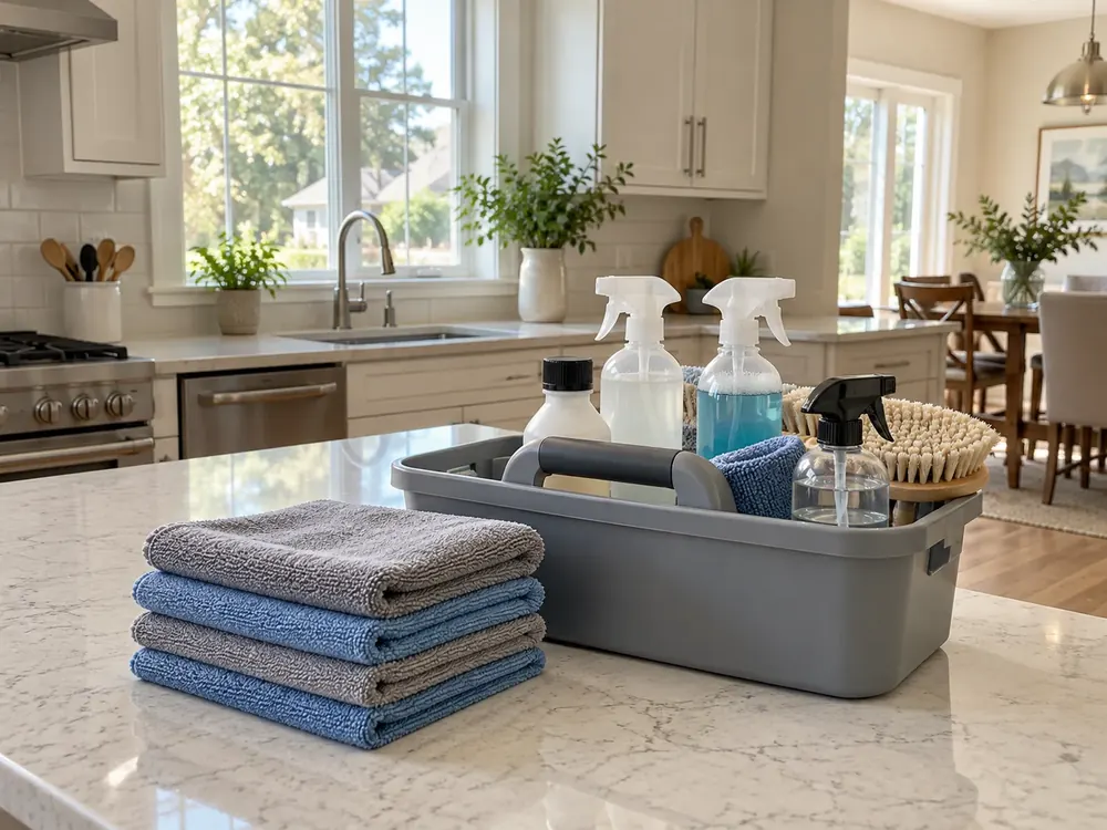 A Home Shine cleaning kit ready on a kitchen island